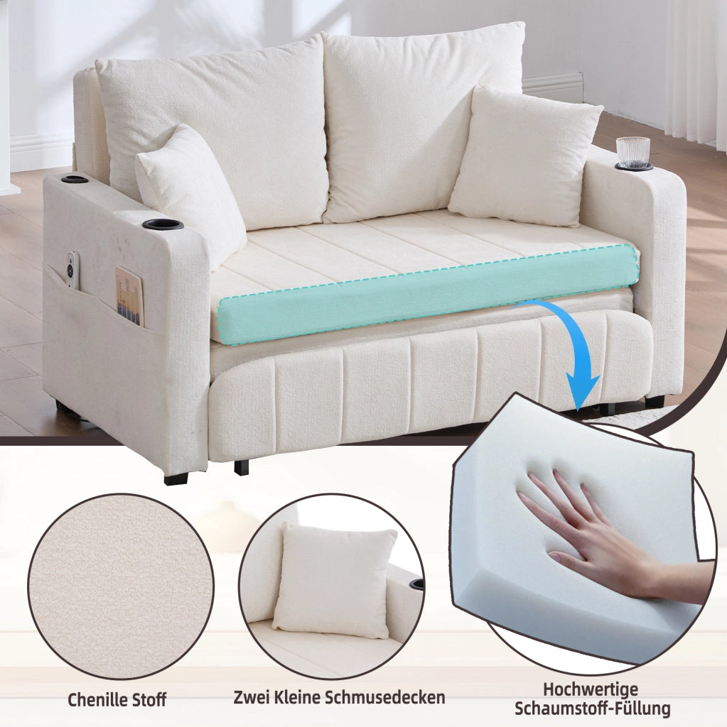 Divano letto multifunzione in ciniglia beige; convertibile; 139x83x58 cm