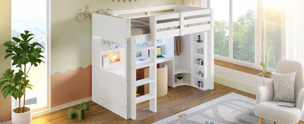 LETTO a soppalco 90x200 cm Legno massello Bianco con LED, scrivania e armadio