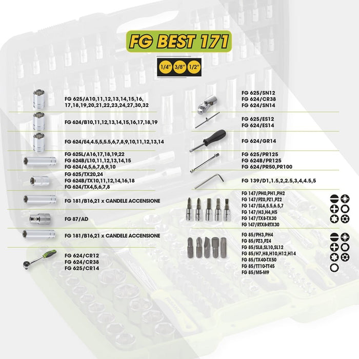 SET VALIGETTA 171 PZ UTENSILI INSERTI CHIAVI A BUSSOLA  1/4"-3/8"-1/2" FASANO FG BEST 171