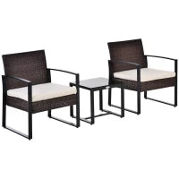 Set Giardino in Rattan Polyrattan per 2 Persone, Set da Balcone con Cuscini, Marrone e Crema