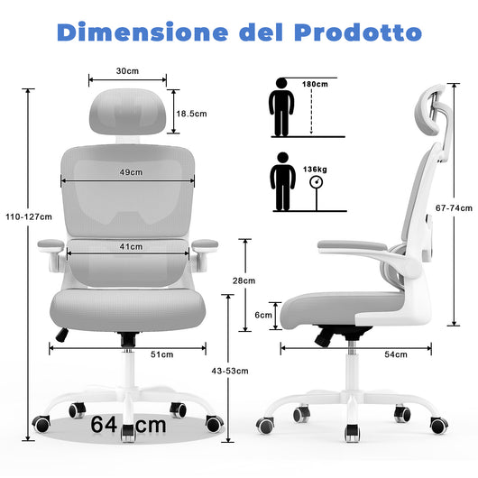 Sedia Ufficio con Supporto Lombare - RATTANTREE  - Poggiatesta Braccioli Regolabili e Schienale Reclinabile - Grigio