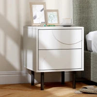 Comodino con 2 cassetti ad apertura a pressione e piedi in acciaio, 40x40x50 cm, Bianco