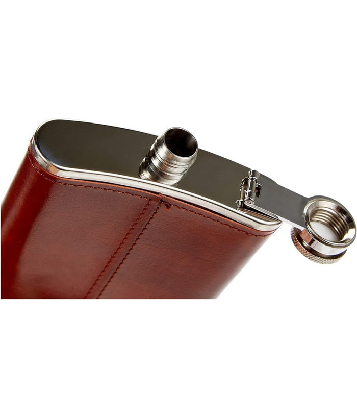 Trade Shop - Fiaschetta In Acciaio Inox Foderata In Pelle Imbuto Incluso Per Liquori Whisky -