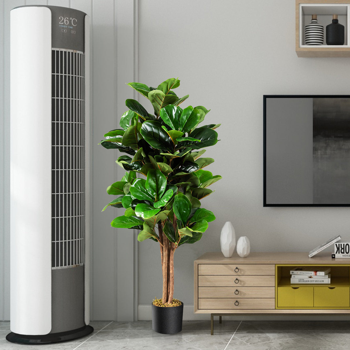 Ficus lyrata artificiale da 1,2m da interno ed esterno, Piante finte con foglie realistiche in PEVA vaso in PP-Piante artificiali