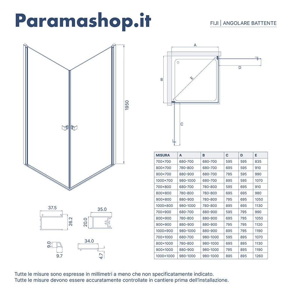 Box doccia angolare 100x100cm doppio battente profili cromati e vetro da 8mm trasparente h195 | Fiji