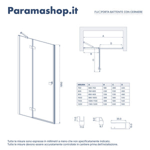 Porta doccia 120cm apertura a battente lato sinistro con cerniere, profili nero opaco e vetro da 8mm trasparente h195 | Fiji
