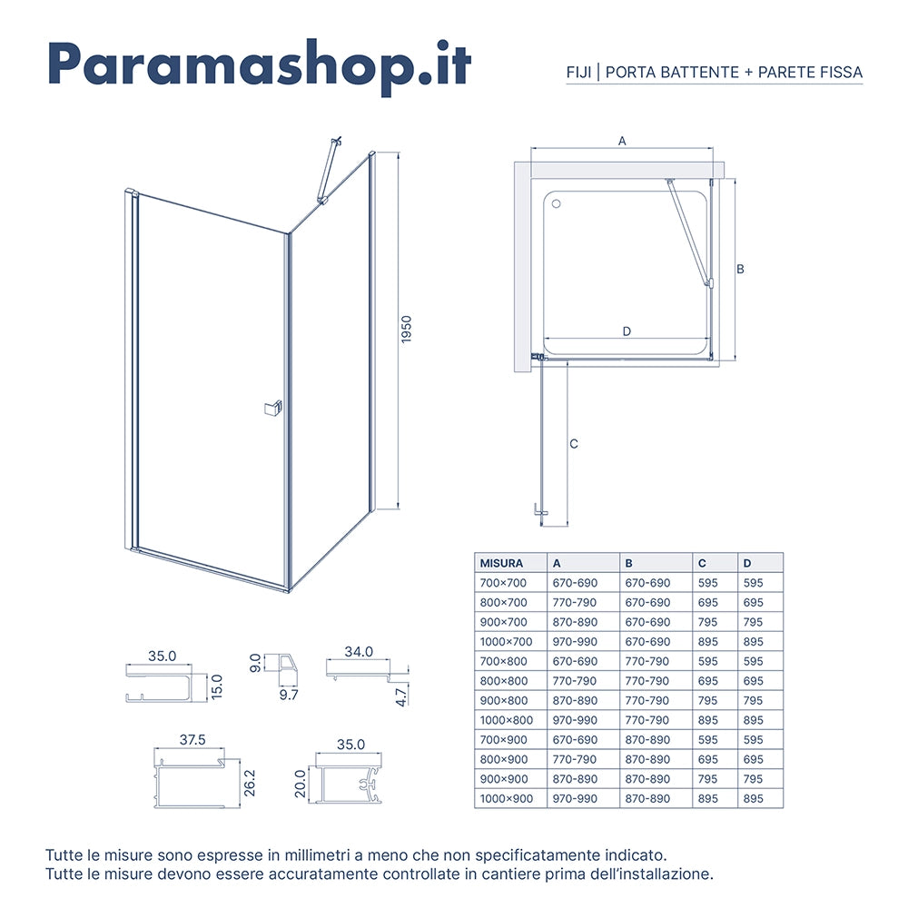 Box doccia 70x70 cm con apertura a battente e parete fissa, profili nero opaco e vetro da 8mm trasparente h195 | Fiji 