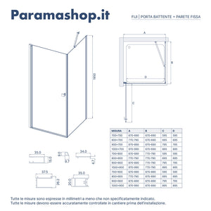 Box doccia 70x70 cm con apertura a battente e parete fissa, profili nero opaco e vetro da 8mm trasparente h195 | Fiji 