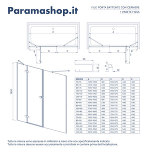 Porta doccia 180cm profili nero opaco apertura battente a destra con cerniere 90cm con parete fissa da 90cm vetro 8mm trasparente h195 | Fiji