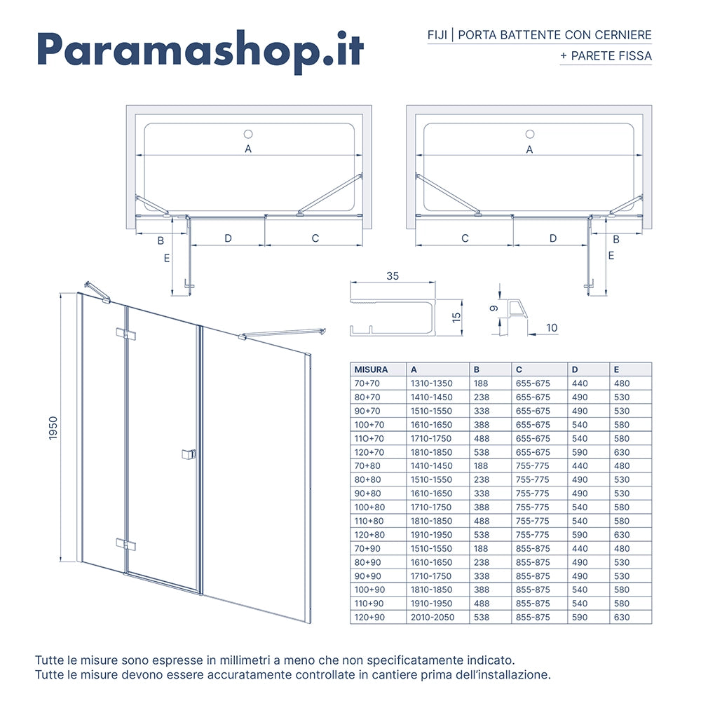 Porta doccia 180cm profili cromati apertura battente a destra con cerniere 90cm con parete fissa da 90cm vetro 8mm trasparente h195 | Fiji