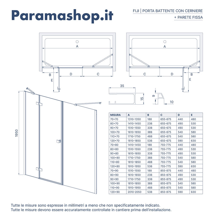Porta doccia 160cm profili nero opaco apertura battente a destra con cerniere 90cm con parete fissa da 70cm vetro 8mm trasparente h195 | Fiji