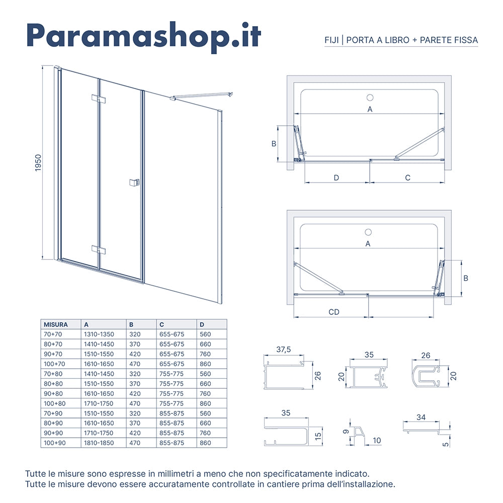 Porta doccia 170cm profili in alluminio nero opaco apertura libro a sinistra 90cm con parete fissa da 80cm vetro 8mm trasparente h195 | Fiji