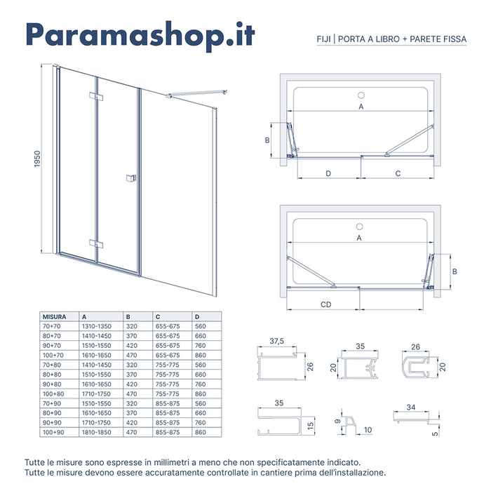 Porta doccia 150cm profili in alluminio nero opaco apertura libro a sinistra 80cm con parete fissa da 70cm vetro 8mm trasparente h195 | Fiji