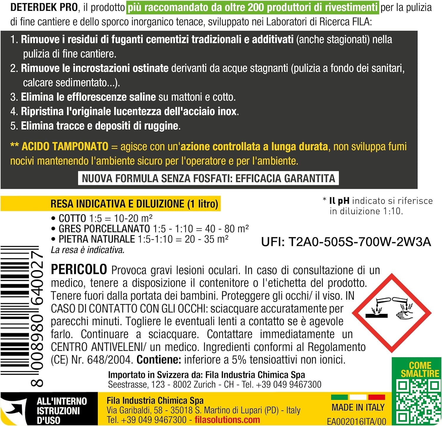 Fila Deterdek Pro Lt.5 Detergente Acido Per Rimozione Incrostazioni