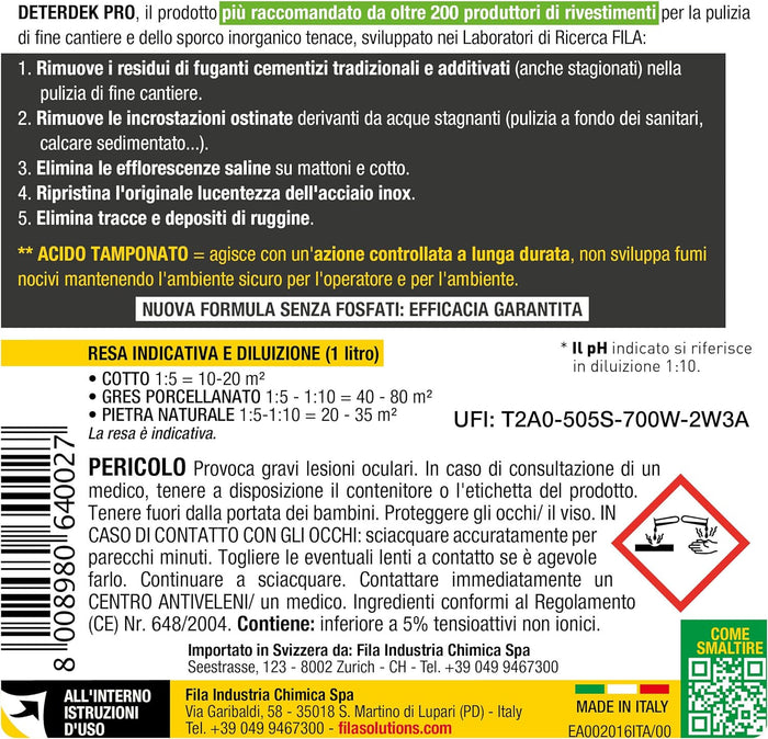 Fila Deterdek Pro Lt.5 Detergente Acido Per Rimozione Incrostazioni