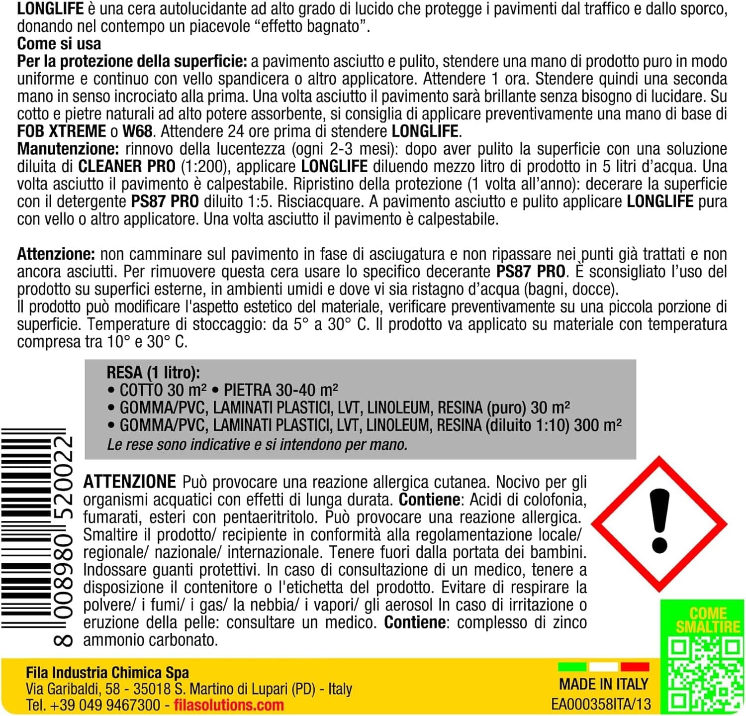 Fila Longlife Lt.5 Cera Protettiva Ad Effetto Lucido