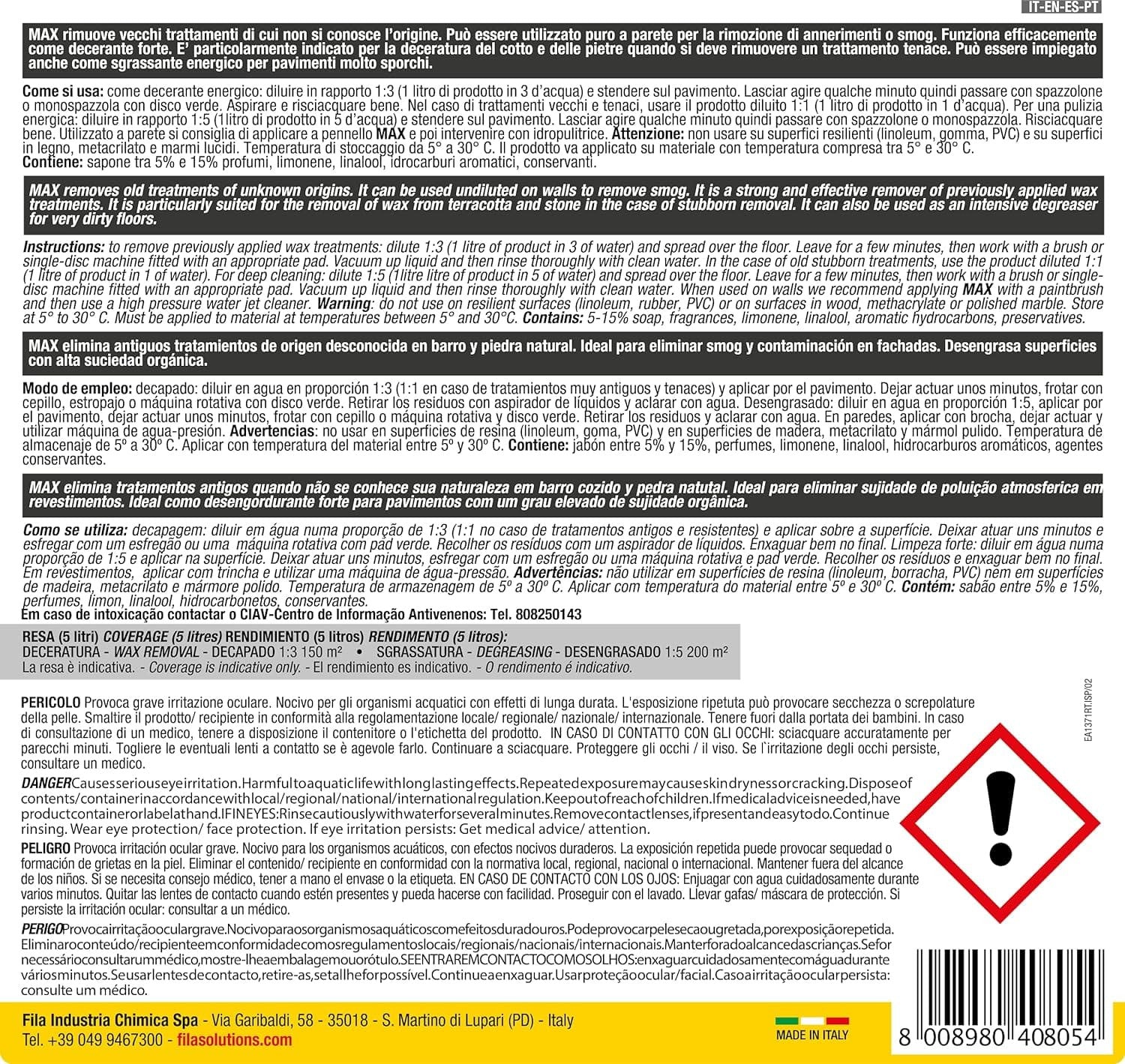 Fila Max Lt.5 Detergente Decerante 1l Per Cotto E Pietre