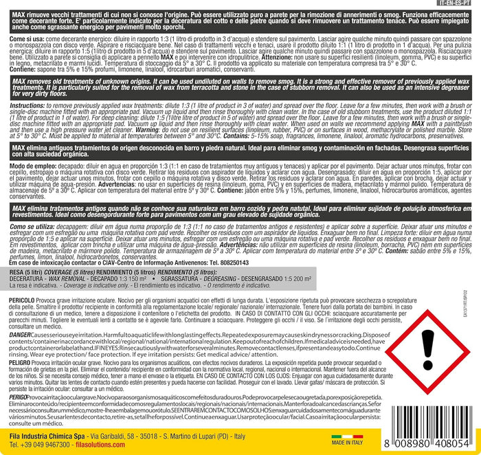 Fila Max Lt.5 Detergente Decerante 1l Per Cotto E Pietre