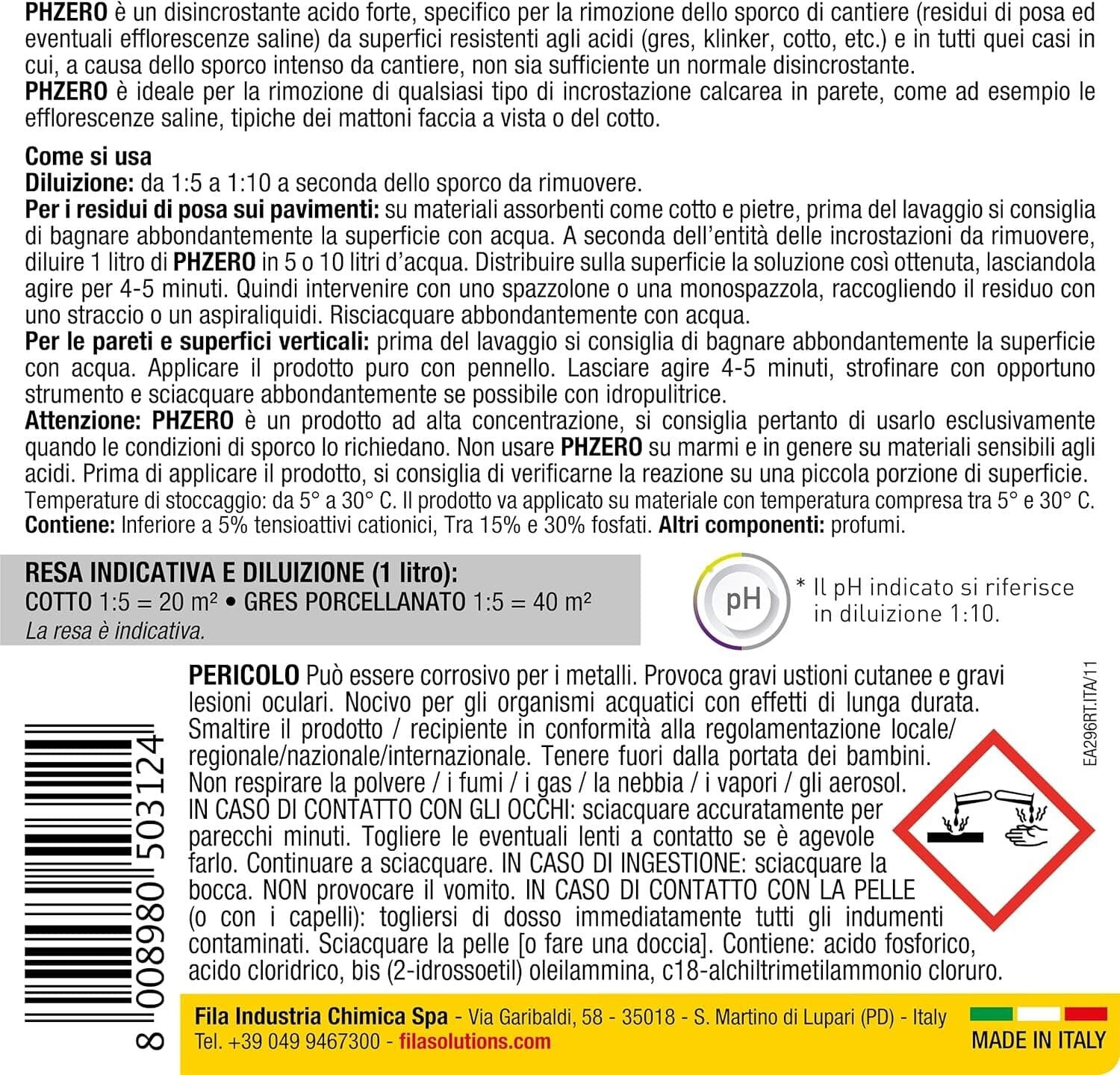 Fila Ph Zero Lt.1 Disincrostante Acido Forte