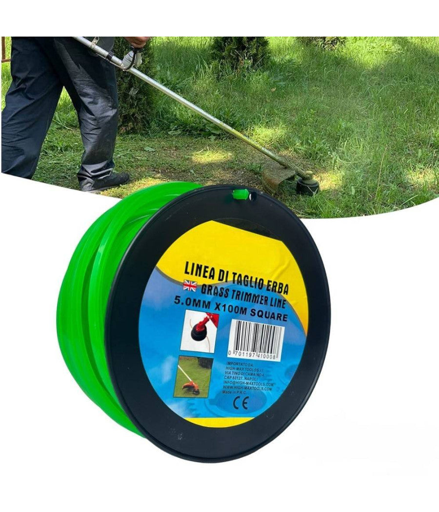 Filo Per Decespugliatore Quadrato 5 Mm Bobina 100mt Taglaerba Cavo Matassa Verde         