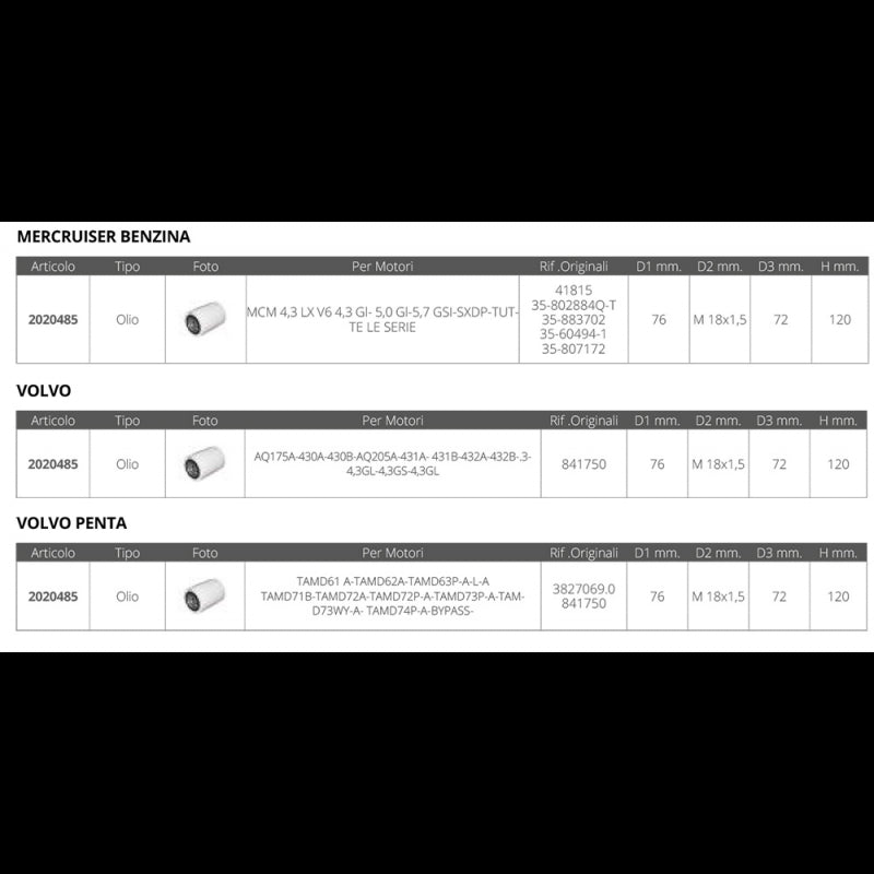 FILTRO OLIO MERCRUISER VOLVO