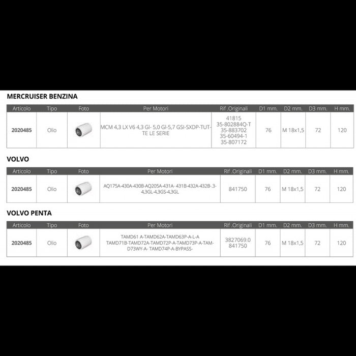 FILTRO OLIO MERCRUISER VOLVO