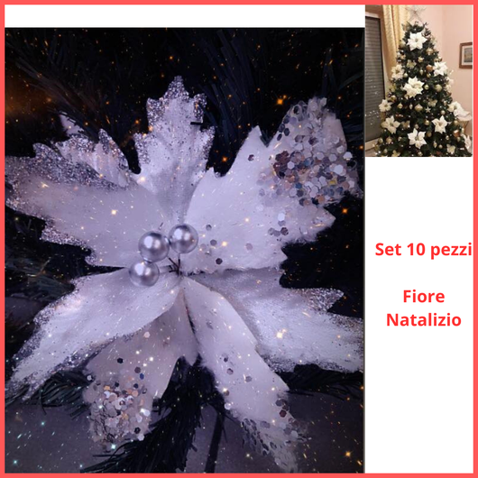 Set confezione 10 fiori natalizi decorazioni per albero di natale vintage addobbi decorare  fiore bianco con paiette e brillantini