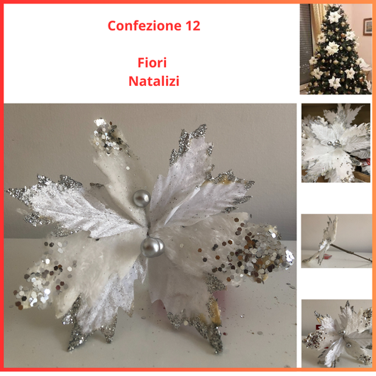 Confezione Set 12 fiori natalizi addobbi di natale vintage decorazioni natalizie fiore  bianco small  per albero creazioni centrotavola creare