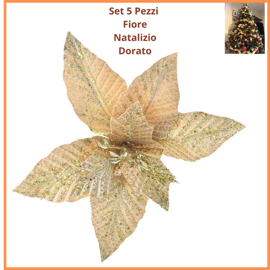 Fiore natalizio dorato oro  5 fiori  con pinza  e brillantini di natale addobbi natalizi decorazioni per albero creazioni natalizie babbo