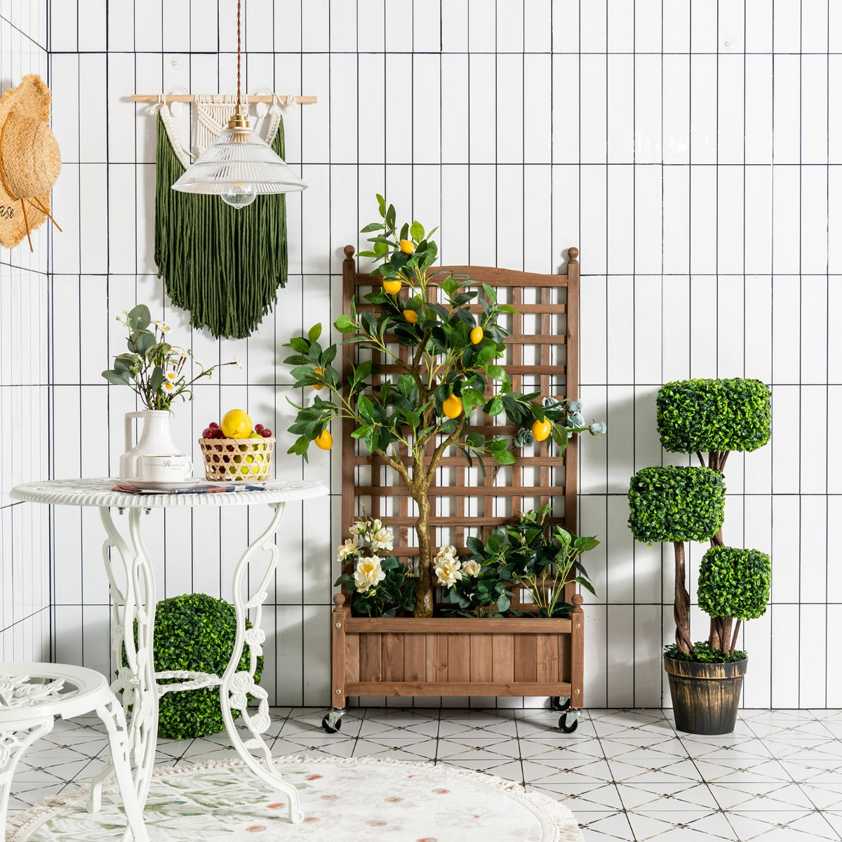 Fioriera in legno massiccio con alto traliccio per verdure, Portapiante per giardino con ruote bloccabili Naturale-Fioriere