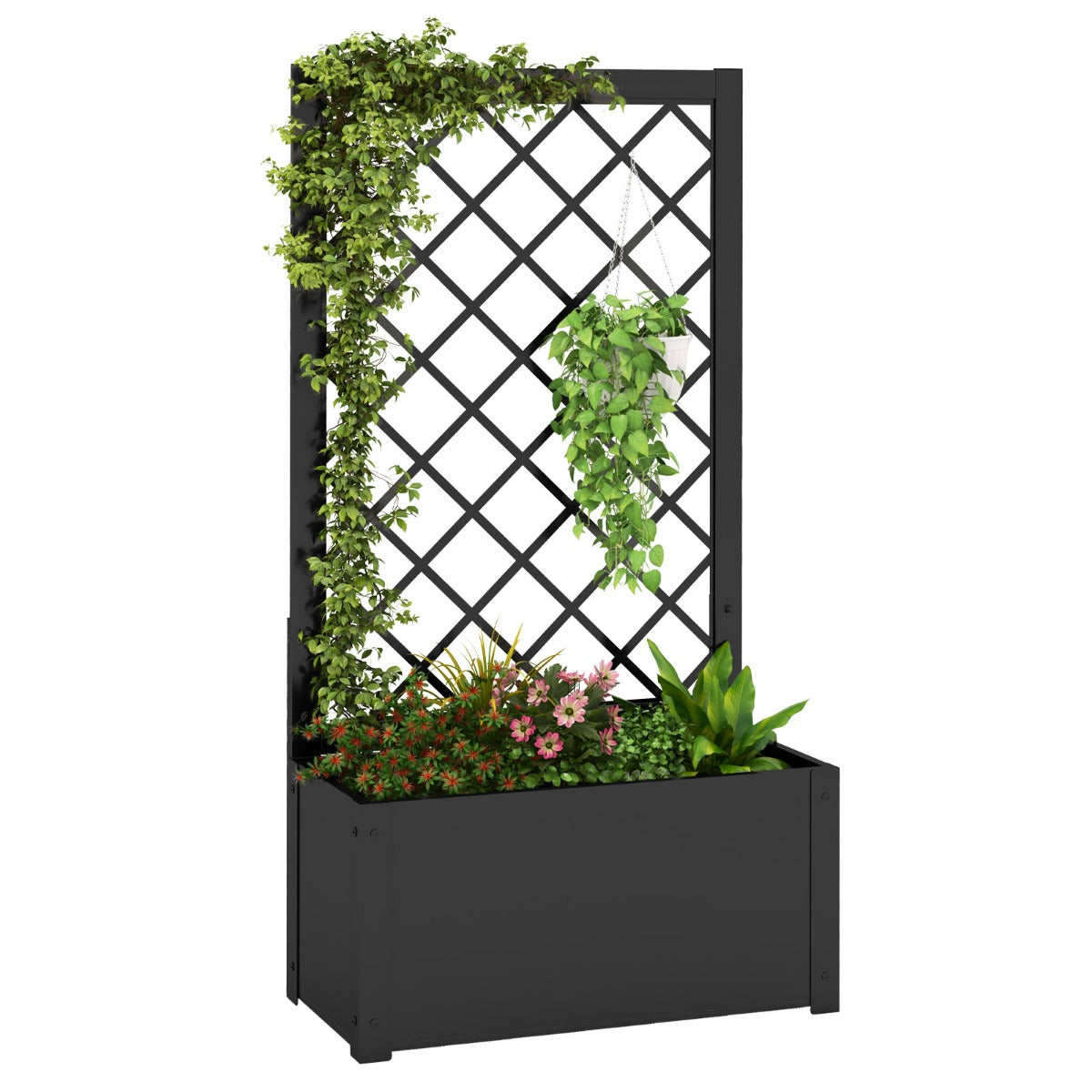 Letto da giardino rialzato con traliccio da 112 cm per piante rampicanti, Contenitore per piante da interno ed esterno Nero-Scaffali per piante