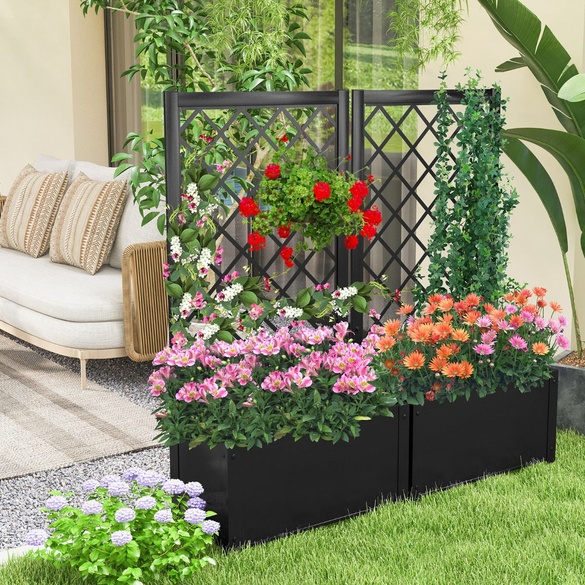 Letto da giardino rialzato con traliccio da 112 cm per piante rampicanti, Contenitore per piante da interno ed esterno Nero-Scaffali per piante