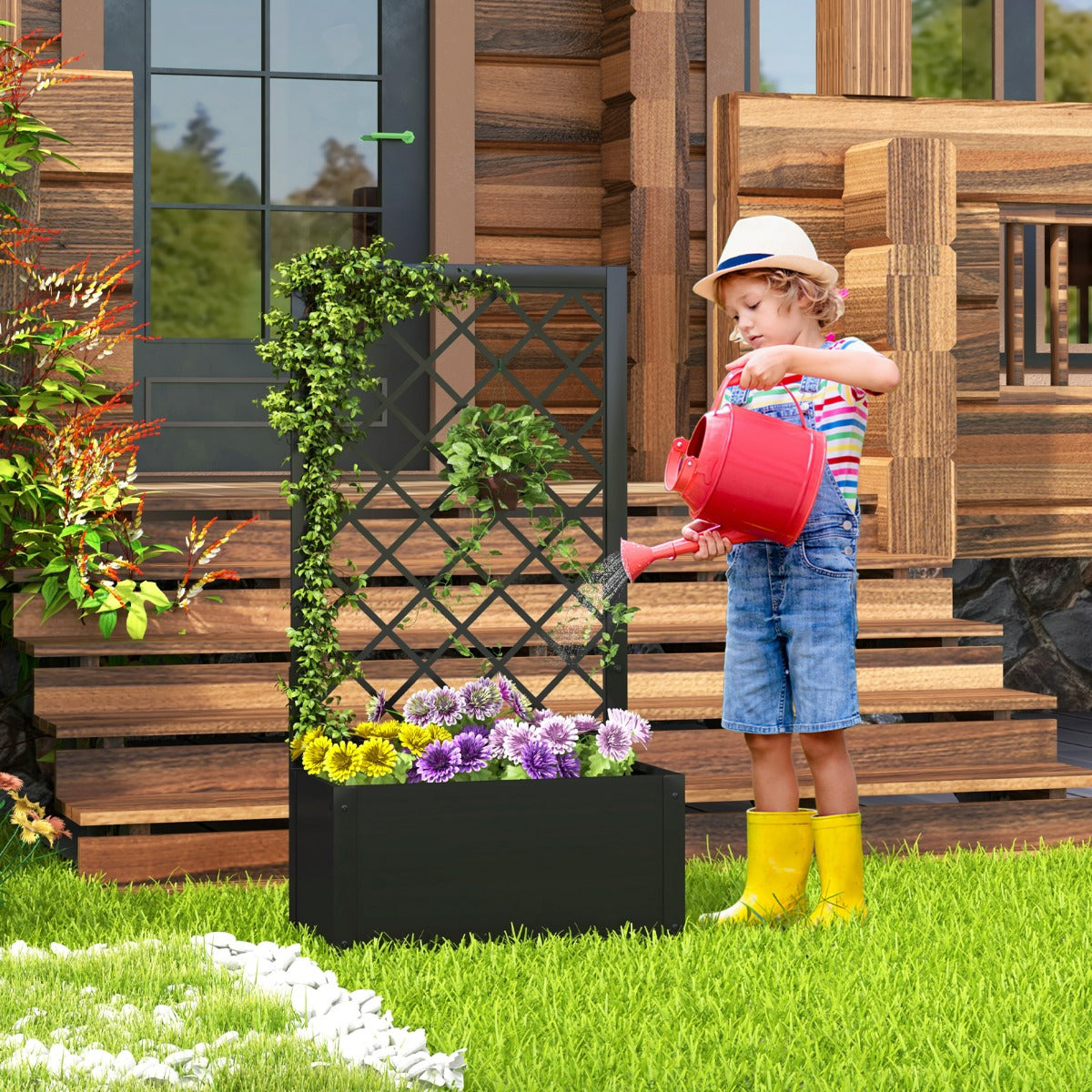 Letto da giardino rialzato con traliccio da 112 cm per piante rampicanti, Contenitore per piante da interno ed esterno Nero-Scaffali per piante
