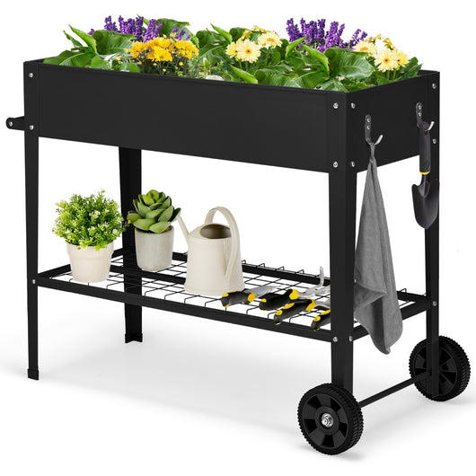 Fioriera da esterno in metallo con ripiano ruote ganci e impugnatura, Aiuola rialzata per ortaggi fiori Nero-Fioriere