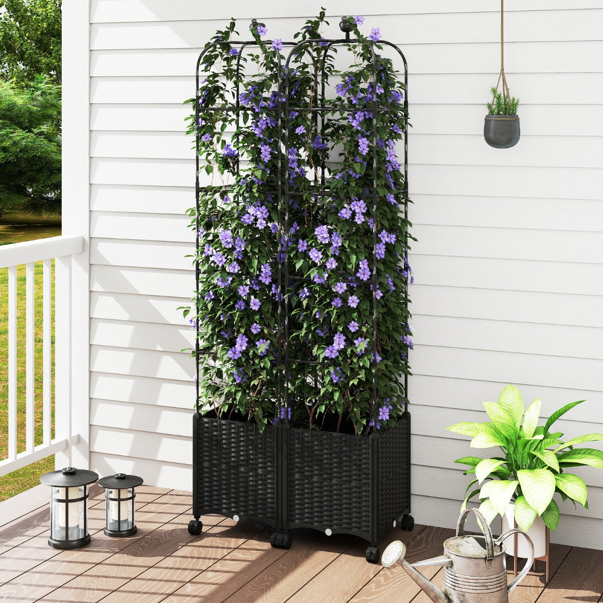 Fioriera rialzata da 211 CM con vasca per piante e traliccio ruote altezza regolabile-Gabbia per pomodori autoirrigante per piante rampicanti Nero