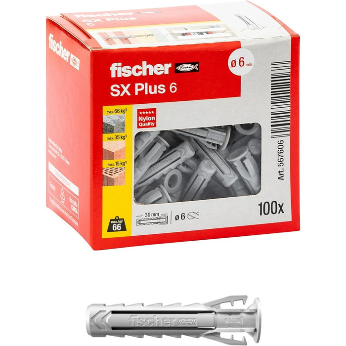 Fischer sx plus 6mm tassello in nylon con espansione a 4 settori - 20pz