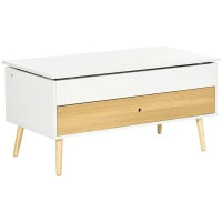 Tavolino Rettangolare con Piano Sollevabile e 1 Cassetto, in Legno, 100L x 50l x 49H cm, Legno Chiaro e Bianco