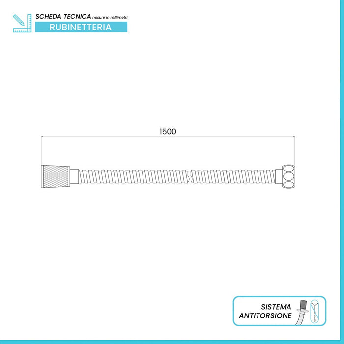 Flessibile Doccia 150 cm Acciaio Cromo con Doppia Aggrafatura