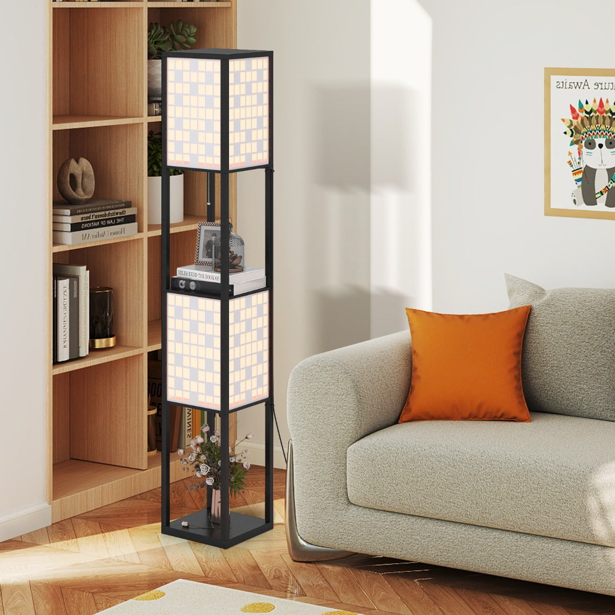 Lampada da terra paralumi decorati e interruttore a pedale con 2 ripiani, Lampada da terra per soggiorno camera da letto Quadro-Lampade