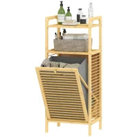 Mobile Bagno a Doghe con Cesto Portabiancheria e Armadietto, in Bambù e Poliestere, 40x30x95 cm, Grigio e Legno