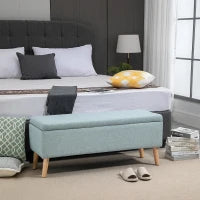 Panca con Contenitore, Panca Imbottita Effetto Lino, Baule con Gambe in Legno, Panca Contenitore per Soggiorno, Camera da Letto, Ingresso, 110 x 39 x 45 cm, Verde Chiaro