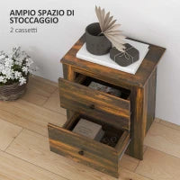 Comodino con 2 Cassetti dallo stile Rustico in Legno, 40x30x56 cm, Marrone