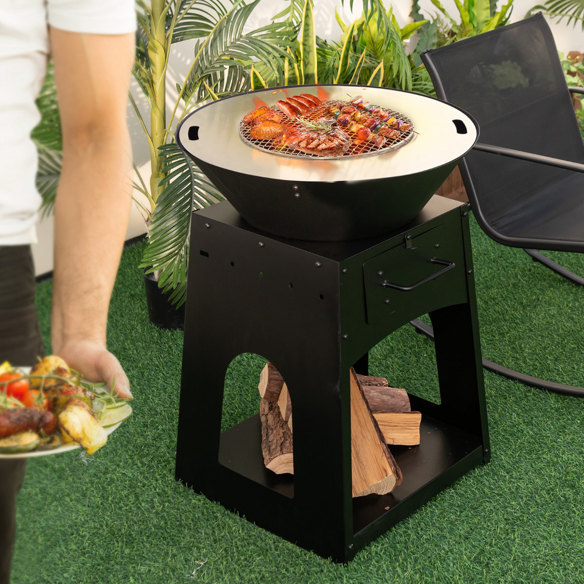 Focolare da esterno con contenitore grill cassetto di cenere e scomparto inferiore, Caminetto a legna da giardino Nero-Bracieri da esterno