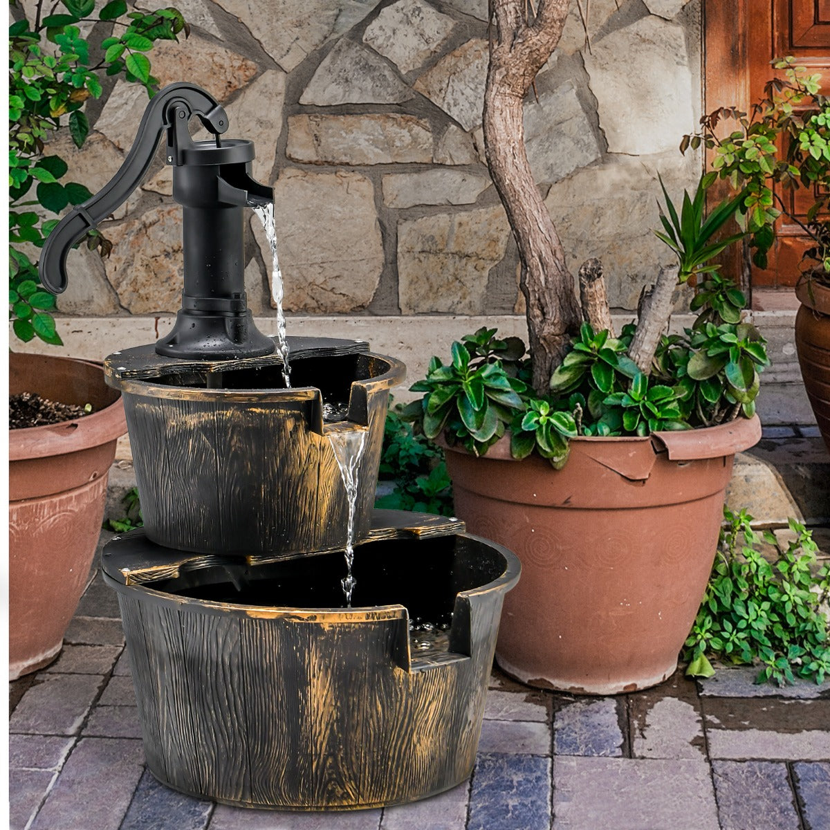 Fontana da giardino a 2 livelli con pompa regolabile ricircolo di acqua, Fontana rustica a cascata Bronzo antico-Decorazioni da giardino