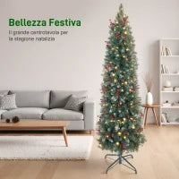 Albero di Natale Illuminato con 200 Luci LED, 42 Pigne e 42 Grappoli di Bacche, Ø65x180 cm, Verde e Argento