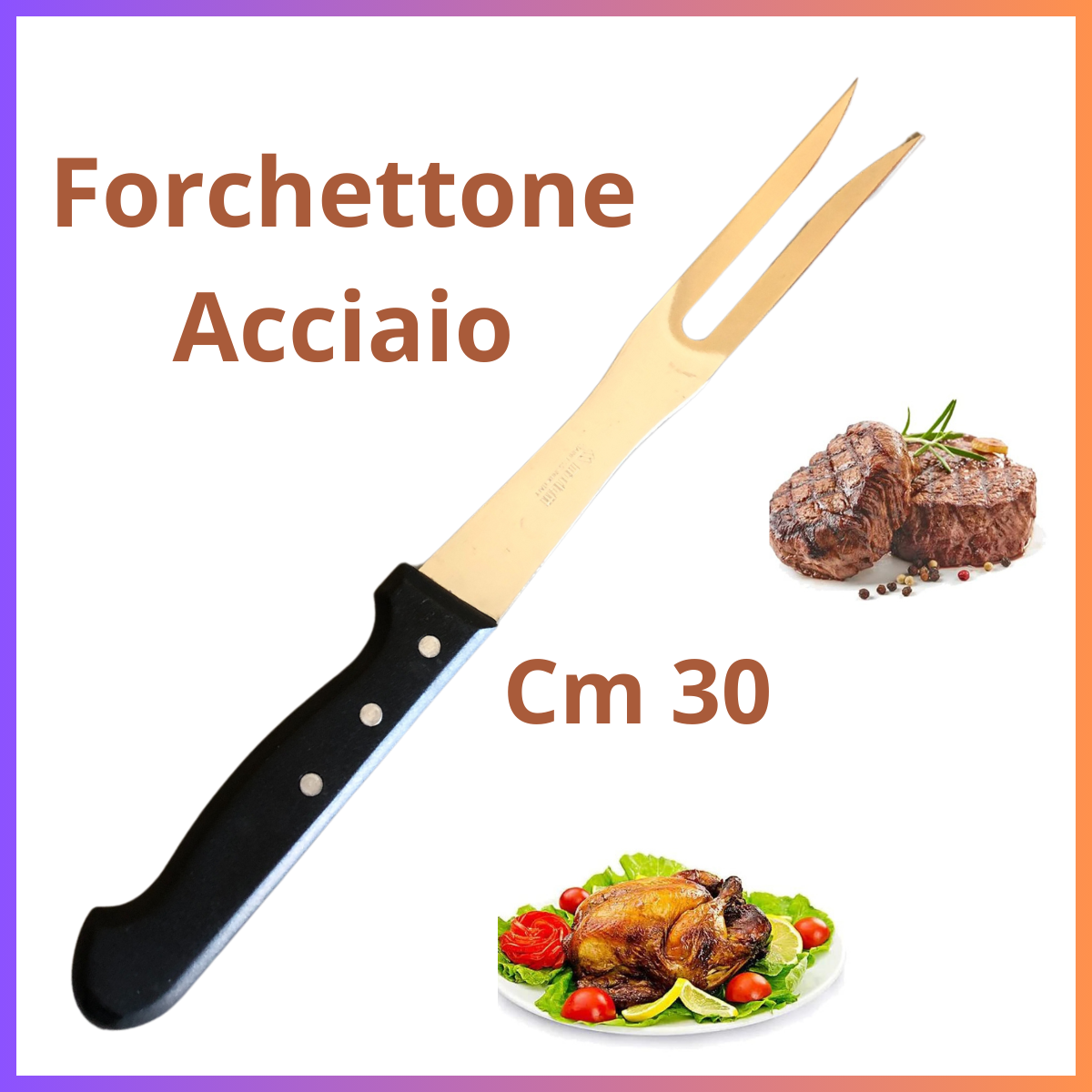 Forchettone acciaio attrezzi per barbecue griglia utensili da cucina carne cm 30 grigliata camino