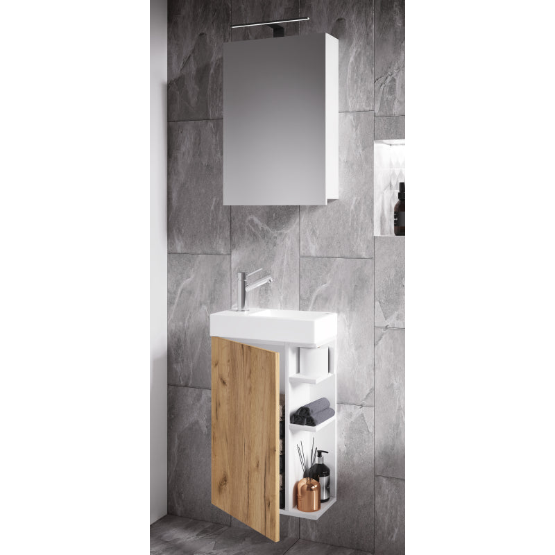 Forma di Ezooza Mobile Sospeso con lavabo in ceramica di alta qualità ed armadietto a specchio, Bianco/Rovere ,