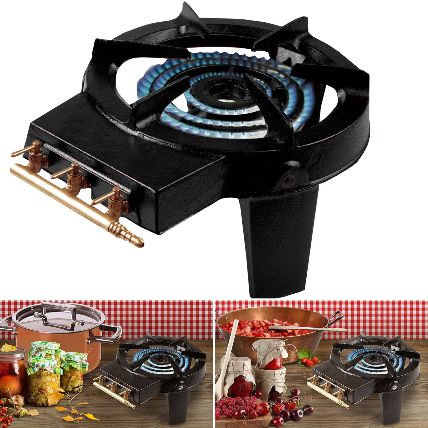 ProBache - Fornello a gas in ghisa con 3 rubinetti in ottone