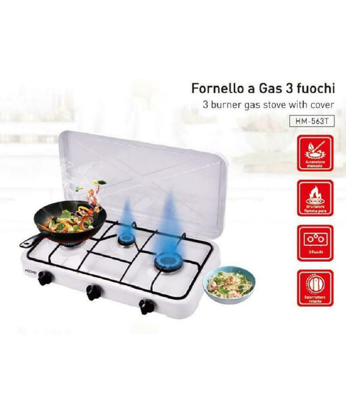 Fornello A Gas Tre Fuochi Fiamma Regolabile Coperchio Antipolvere Piastra         