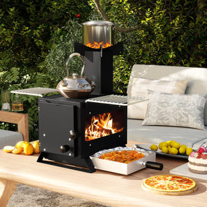 Forno da giardino per cucinare da fornello da campeggio con supporto per pentole, Forno a legna con finestra panoramica Nero-Bracieri da esterno